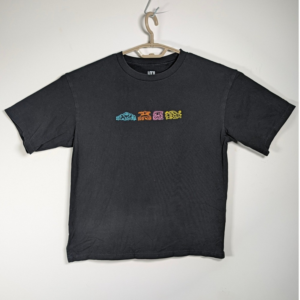 Uniqlo Mens T-Shirt Keith Haring Pop Art Graphic Embroidered Black Cotton S